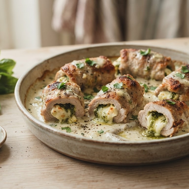 Varkensrolletjes met kaas en pesto