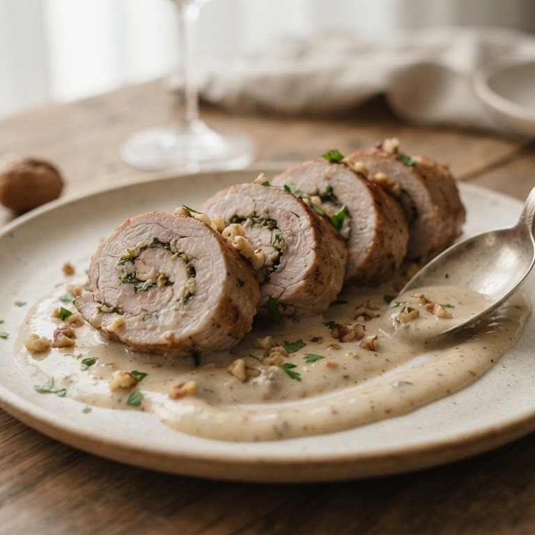 Varkensrolletjes met walnotensaus