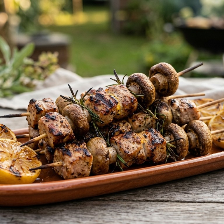 Varkensspiesjes met champignons en rozemarijn