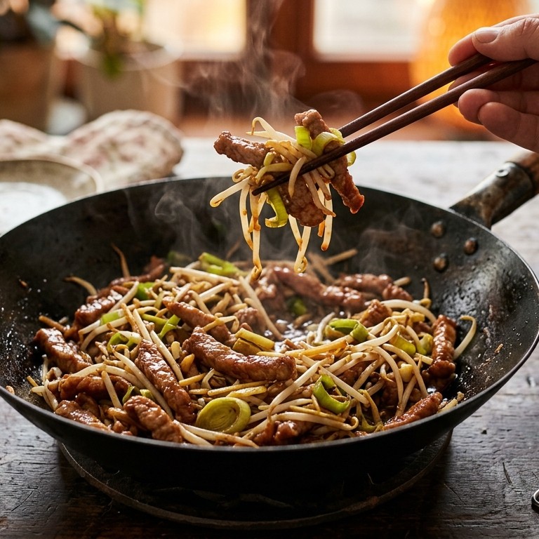 Varkensvlees met taugé en prei