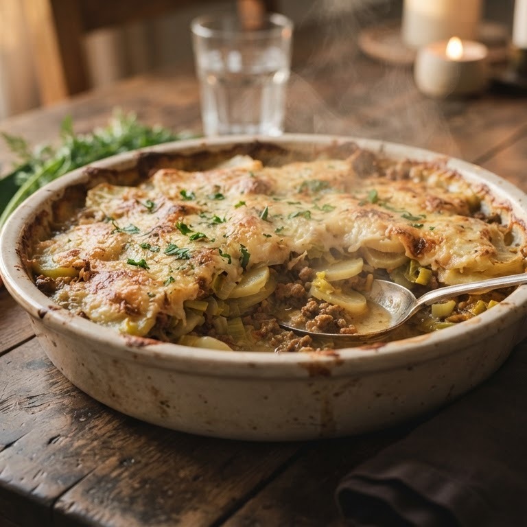 Vegetarische ovenschotel met prei, aardappels, en quorn