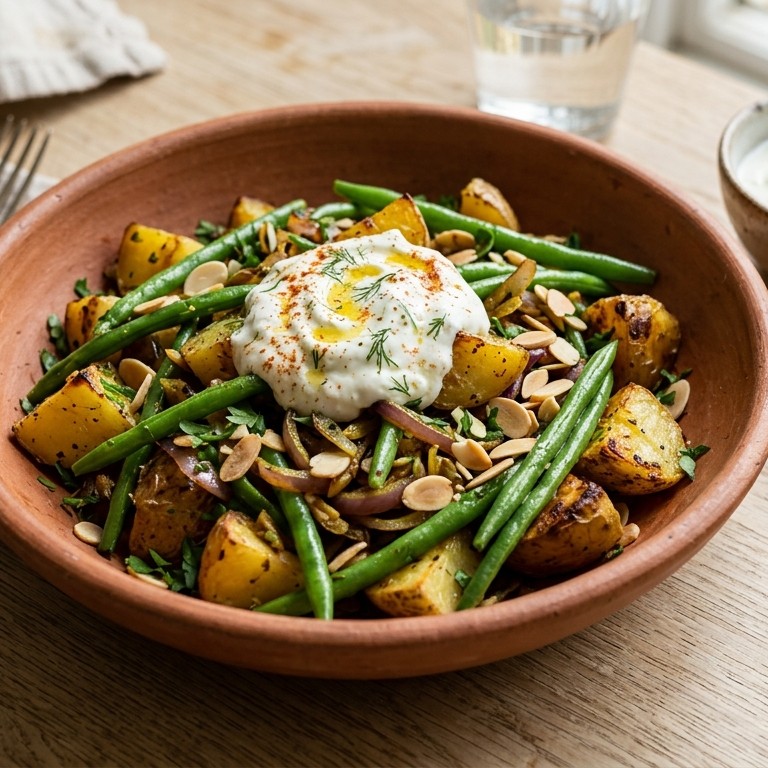 Vegetarische sperziebonen-aardappelengerecht