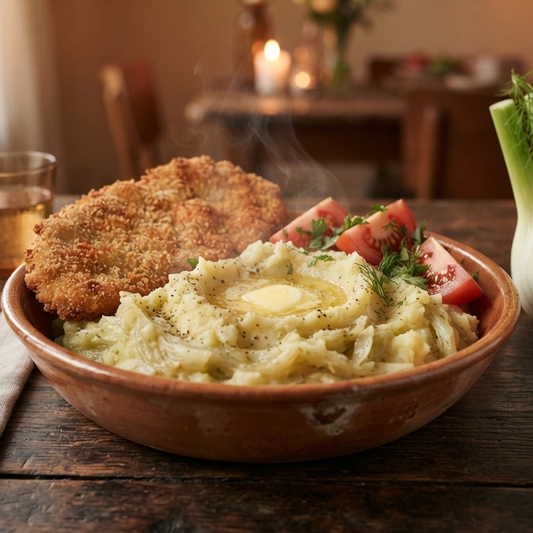 Venkelstamppot met groenteschnitzel