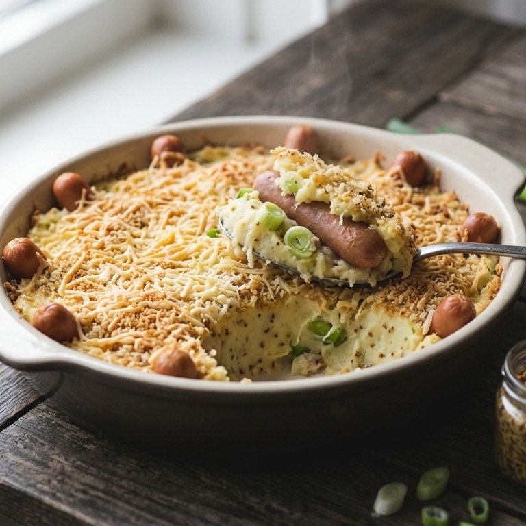 Verstopte worstjes met aardappelpuree en bosui