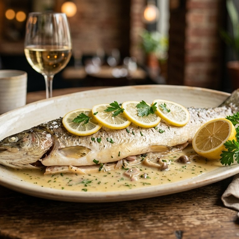 Vis Forel in wijnsaus