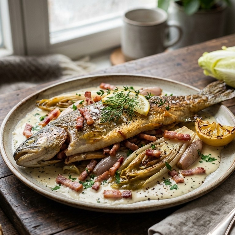 Vis Forel met witlof en spekreepjes