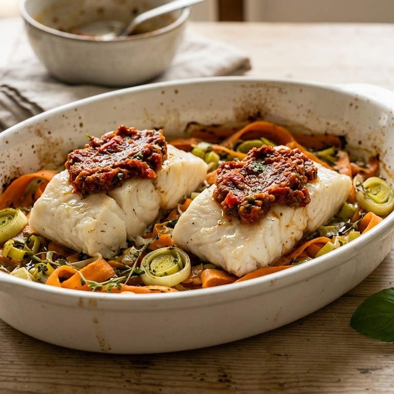Vis uit de oven met wortel, prei en pesto rosso