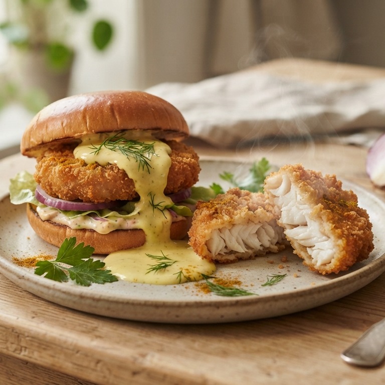 Visburger met kerriesaus
