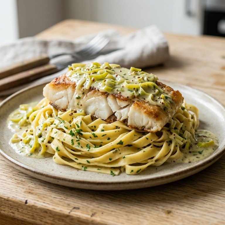 Visfilet in prei-mosterdsaus