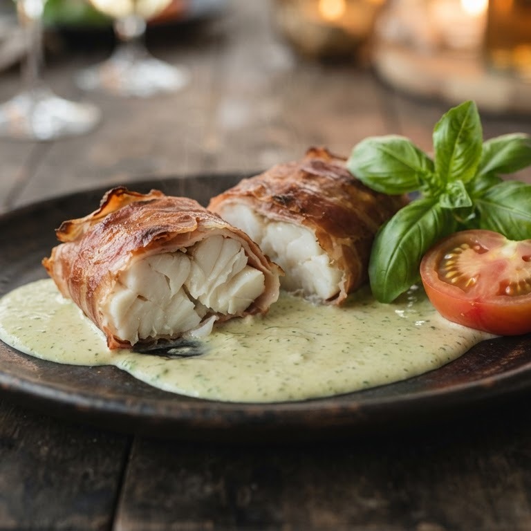 Vispakketjes in rauwe ham met basilicumsaus