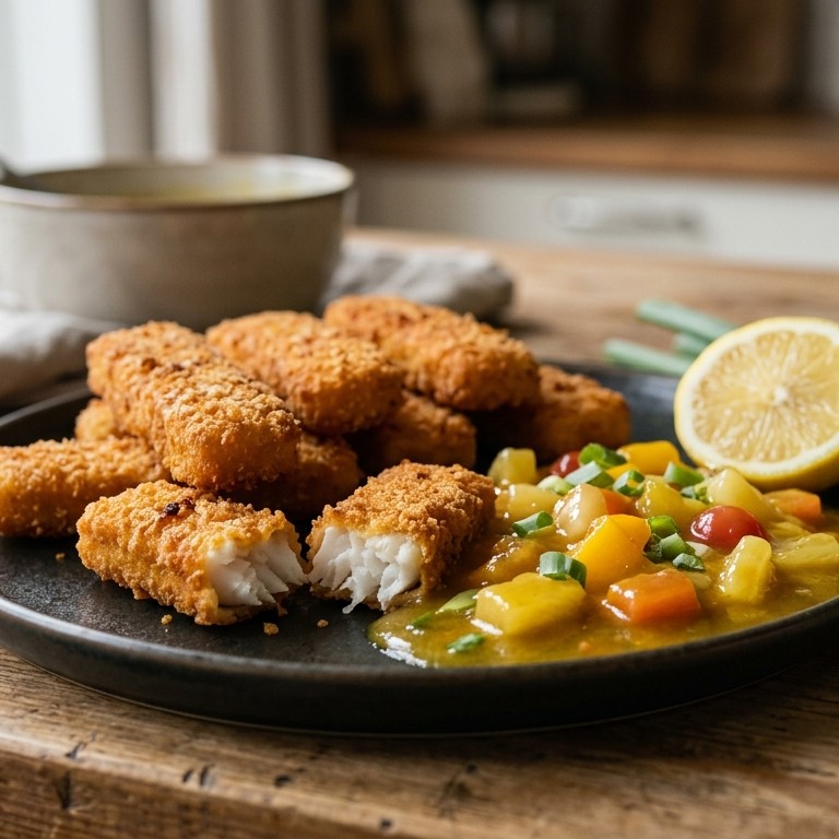Vissticks met kerrie-vruchtensaus