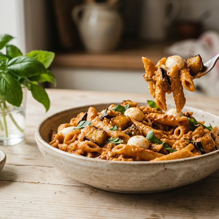 Volkoren penne met een saus van aubergine, mascarpone en tomaat