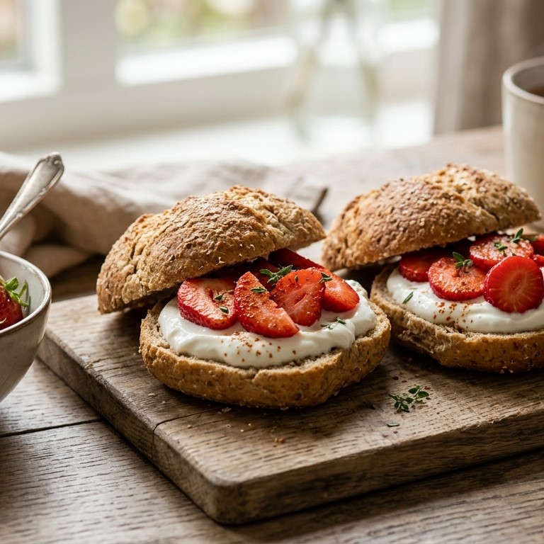 Volkoren pistolets met aardbeien en yoghurt
