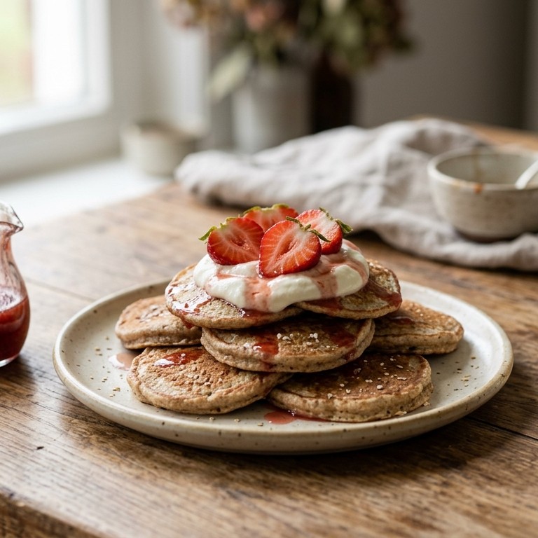 Volkorenpannenkoekjes met kwark en aardbeien