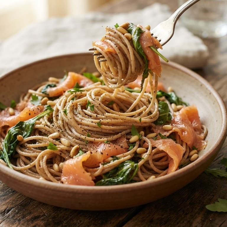 Volkorenspaghetti met gerookte zalm en rucola