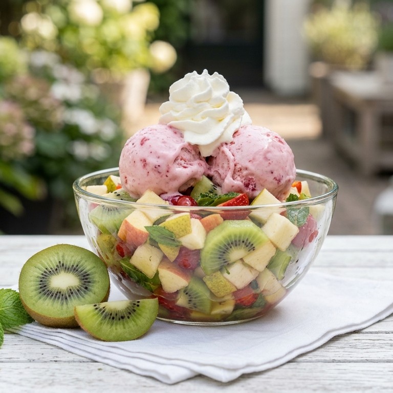 Vruchtensalade met aardbeienijs