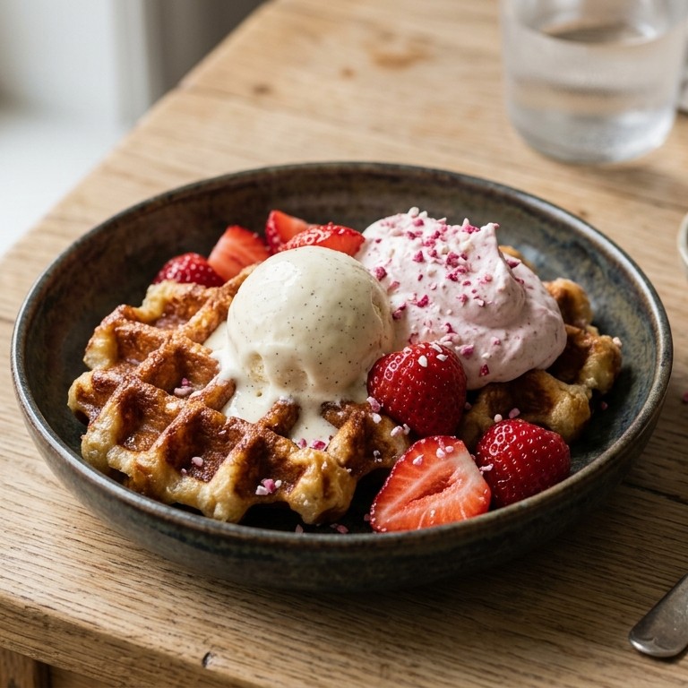 Wafels met ijs en aardbeien-anijsroom