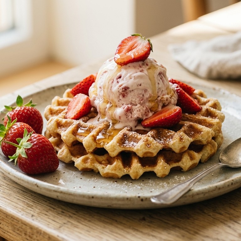 Wafels met strawberry cheesecakeijs