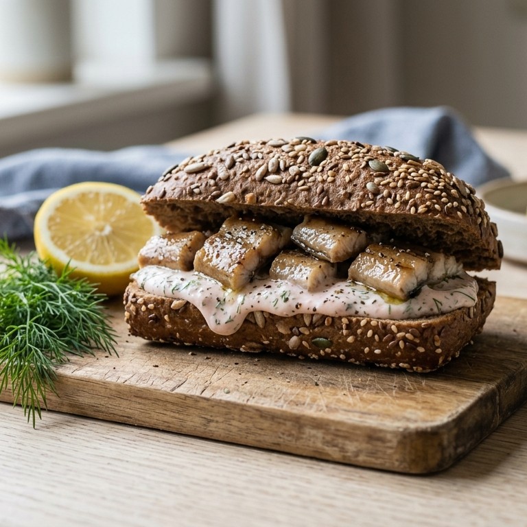 Walkornbroodje met paling en dilleyoghurt