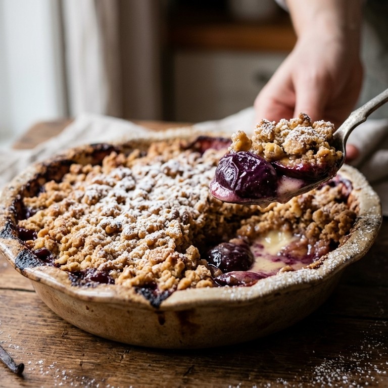 Walnotencrumble met kaneelpruimen