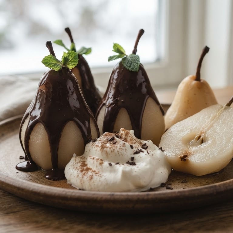 Warme peren in mintchocolade