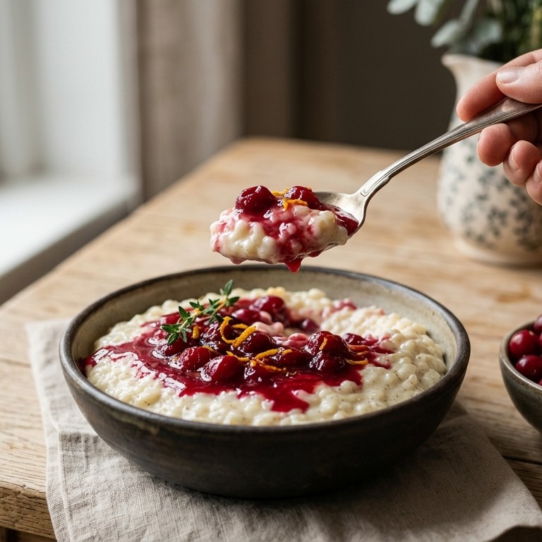 Warme roomrijst met cranberry-sinaasappelsaus