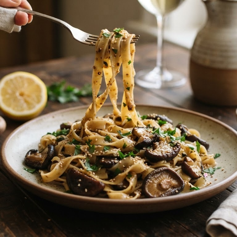 Warme salade met shiitaki en pasta