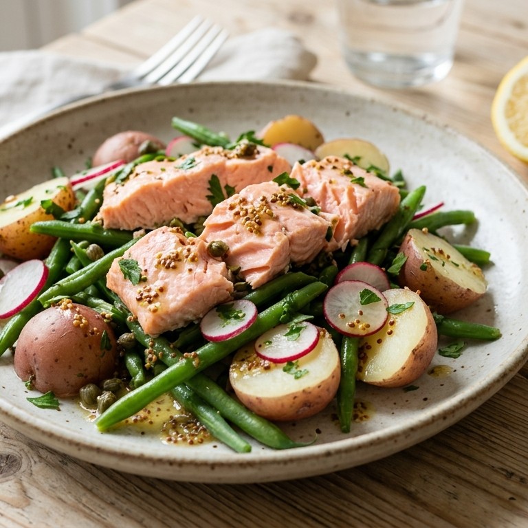 Warme salade van sperziebonen, aardappel en gepocheerde zalm