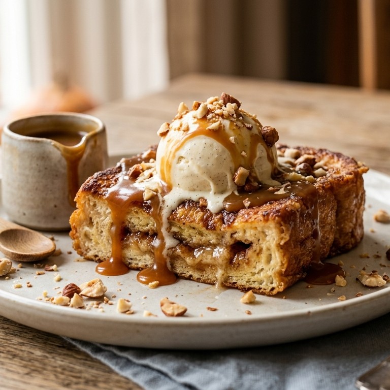 Wentelteefje van suikerbrood met ijs en caramelssaus
