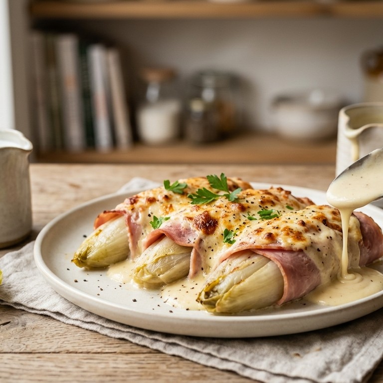 Witlof met kaassaus en ham
