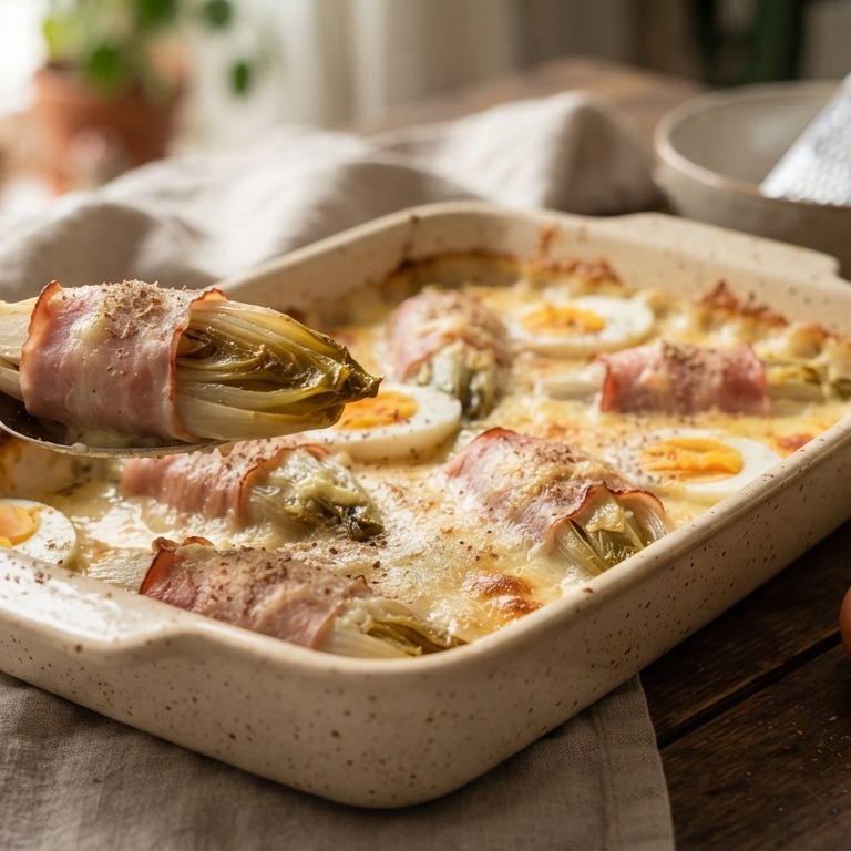 Witlof met kaassaus, ham en eieren