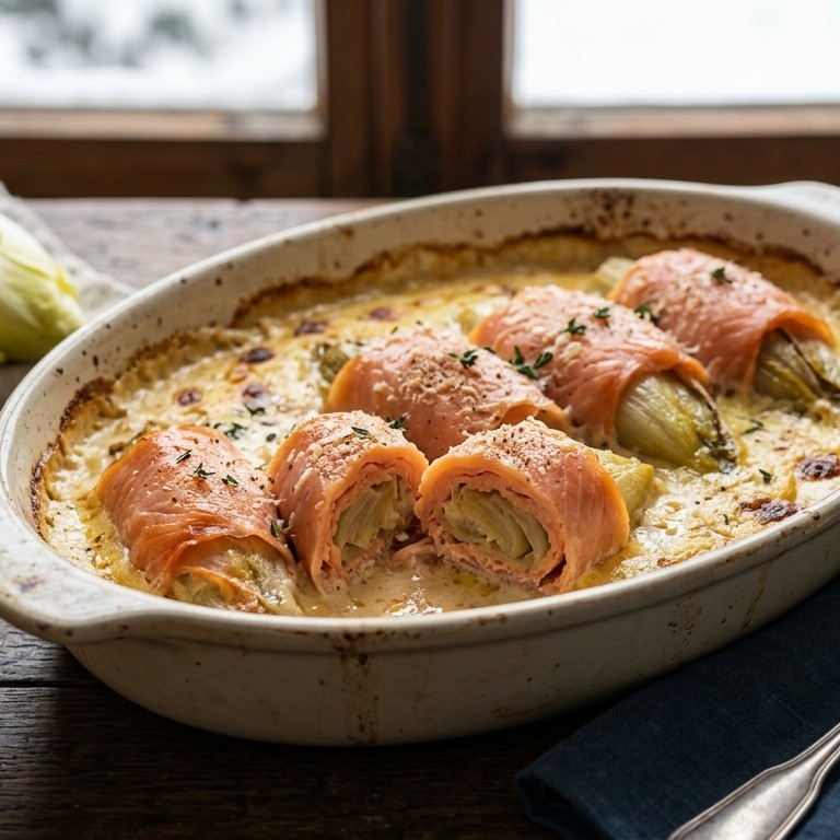 Witlof-Zalm rolletjes in kaassaus