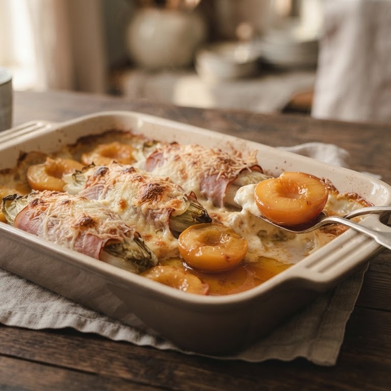 Witlofschotel met perziken en creme fraiche