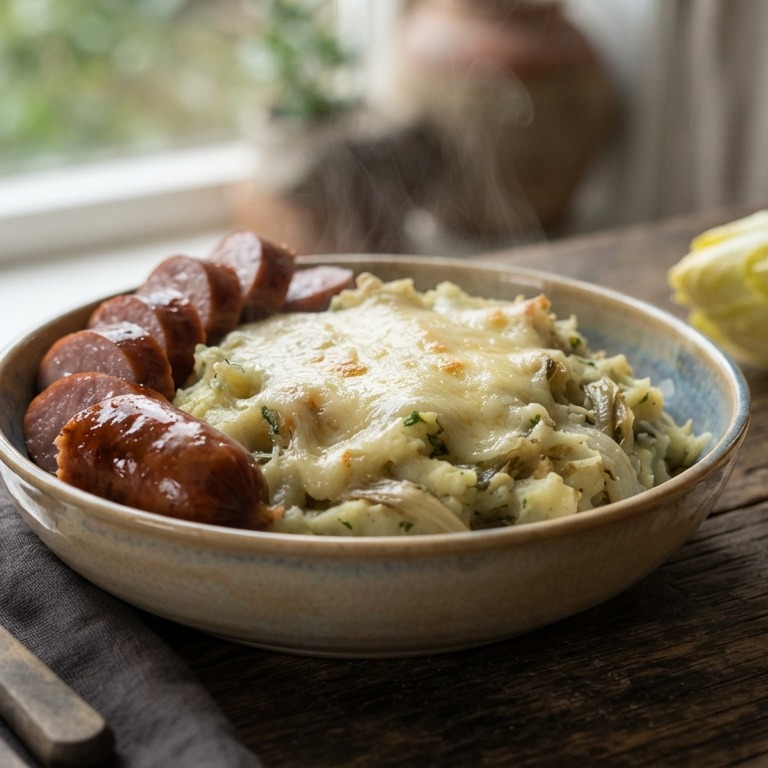 Witlofstamppot met geraspte kaas en rookworst