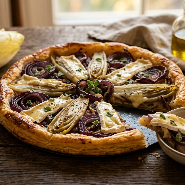Witloftaart met rode ui en brie