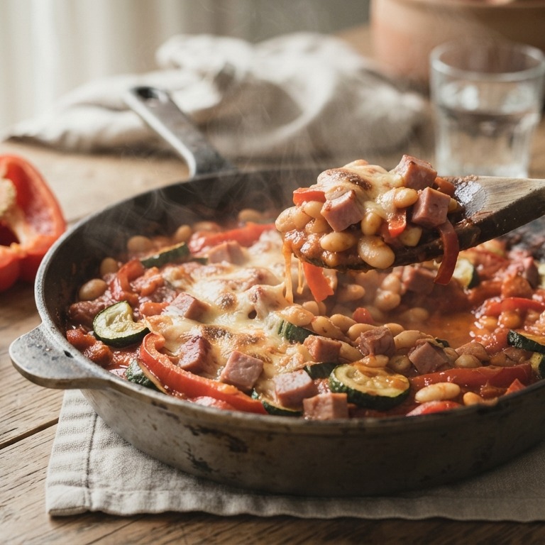 Witte bonen met paprika, courgette en ham
