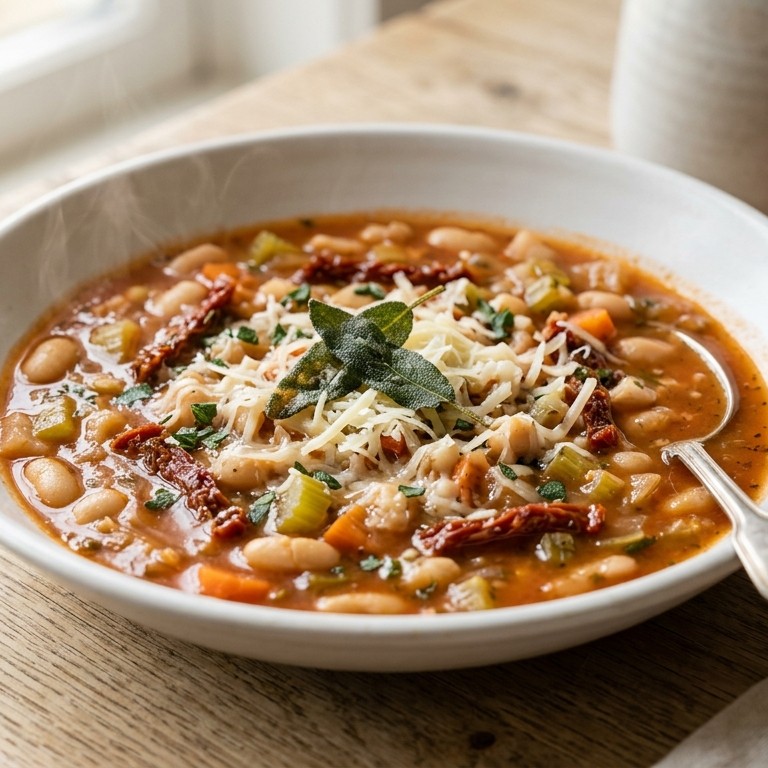 Witte bonensoep met tomaten en geraspte kaas