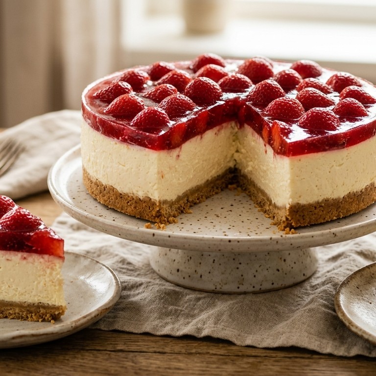 Witte chocolade cheesecake met verse aardbeiengelei