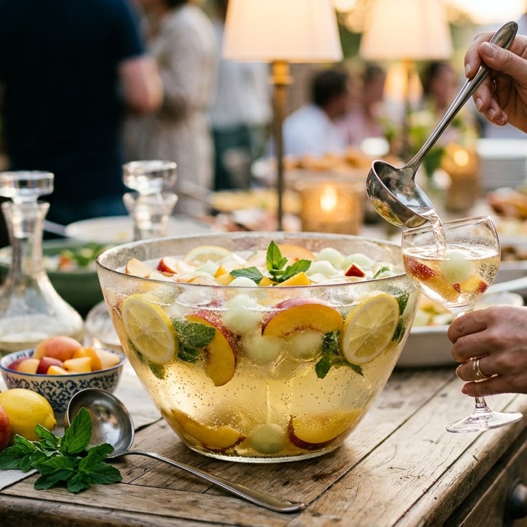 Witte wijnbowl met nectarine en meloen voor buffet