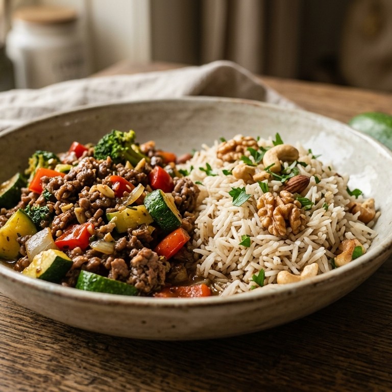 Wokgroente met gehakt en notenrijst