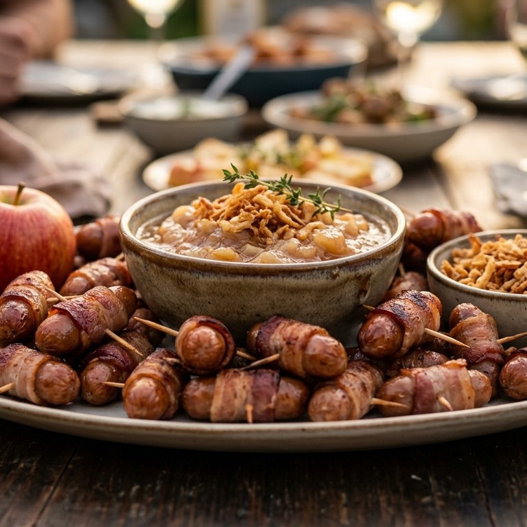 Worst en spek met uien-appeldip voor buffet