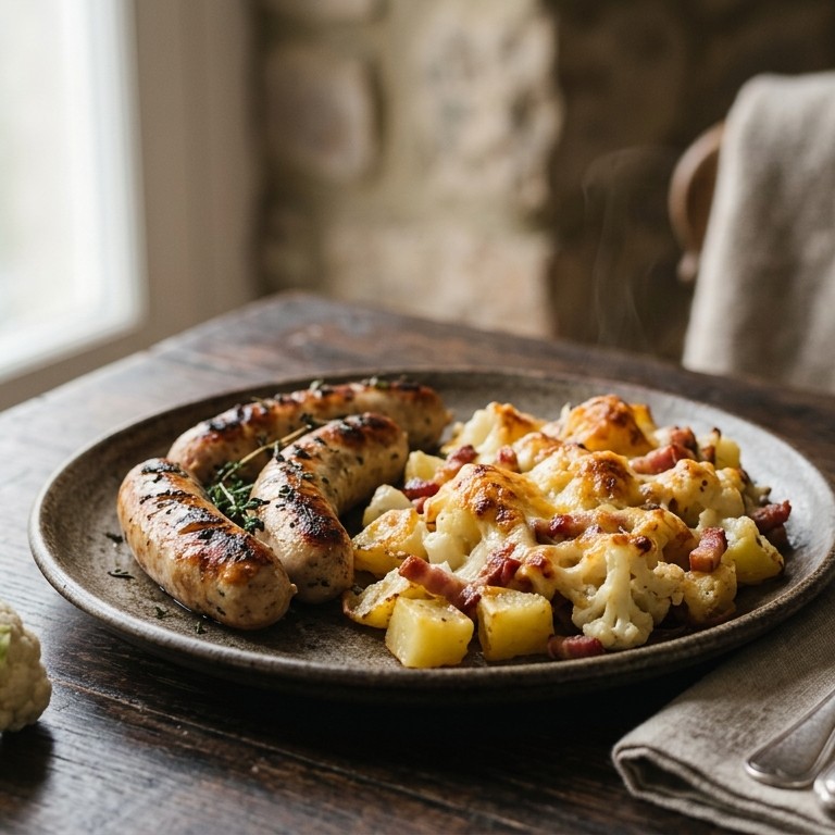 Worst met gratin van aardappel en bloemkool