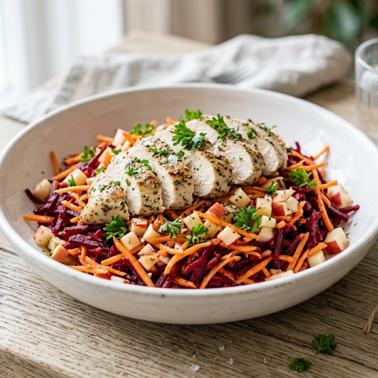 Wortel- rode bietensalade met kipfilet
