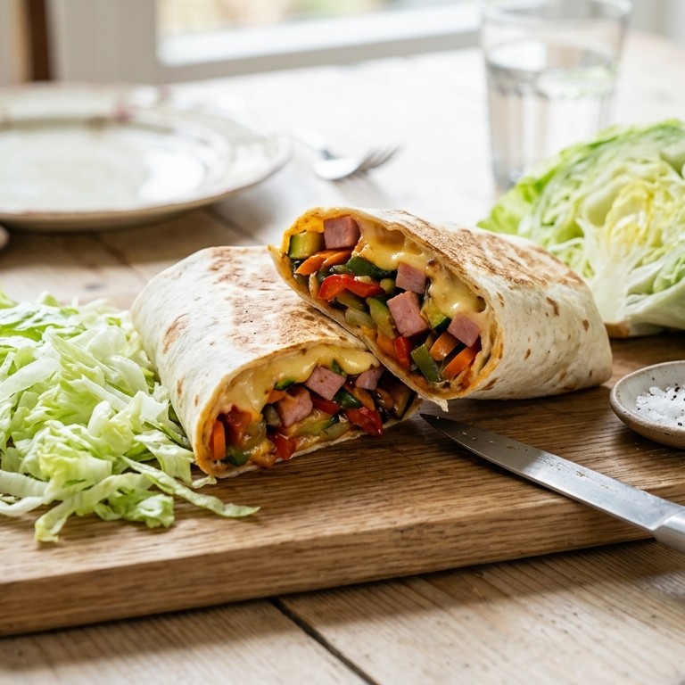 Wrap gevuld met wokgroente, ham en kaasblokjes