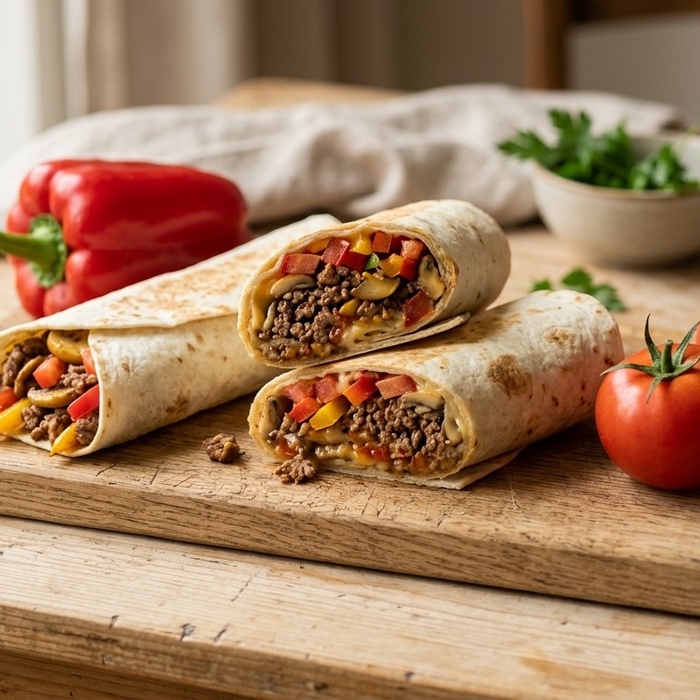 Wraps met rundergehakt, champignons, tomaat en paprika