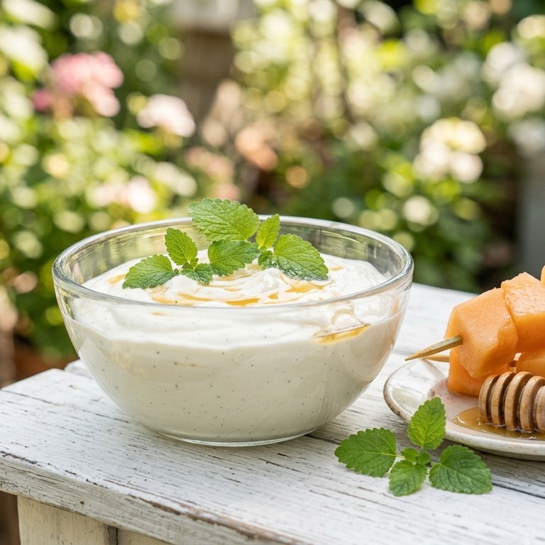 Yoghurtcrème met meloenspiesjes