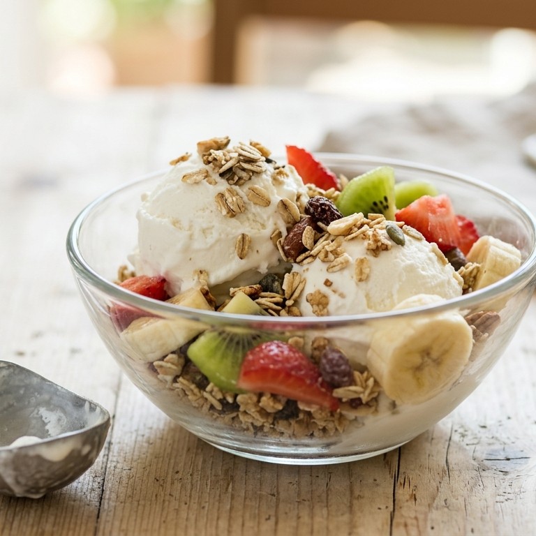 Yoghurtijs met muesli en fruit