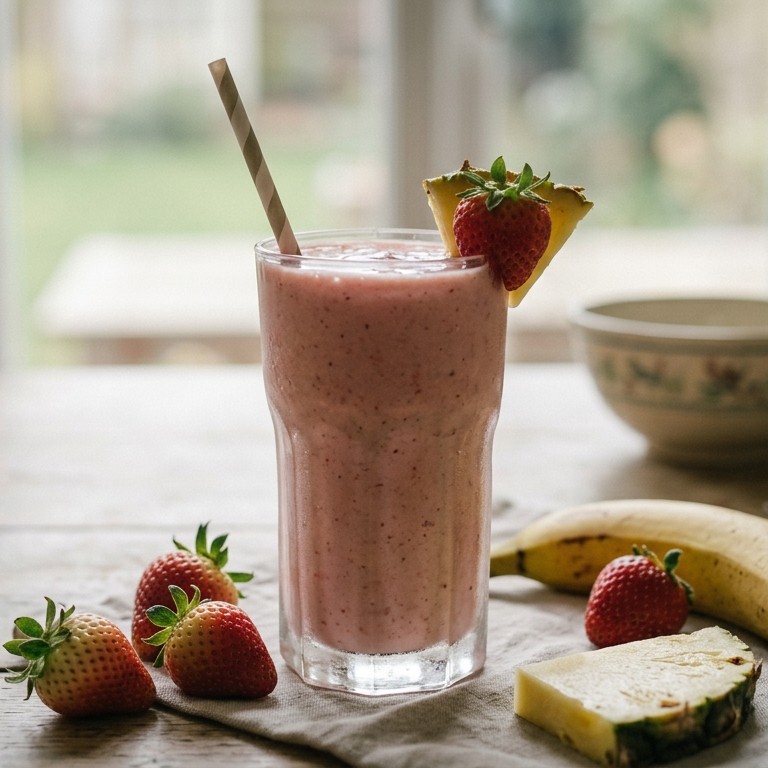 Yoghurtsmoothie met banaan, ananas en aardbeien