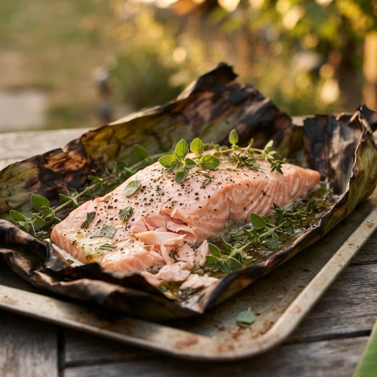 Zalm in bananenbladeren