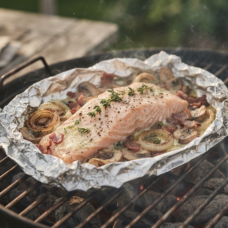 Zalm in folie op de BBQ